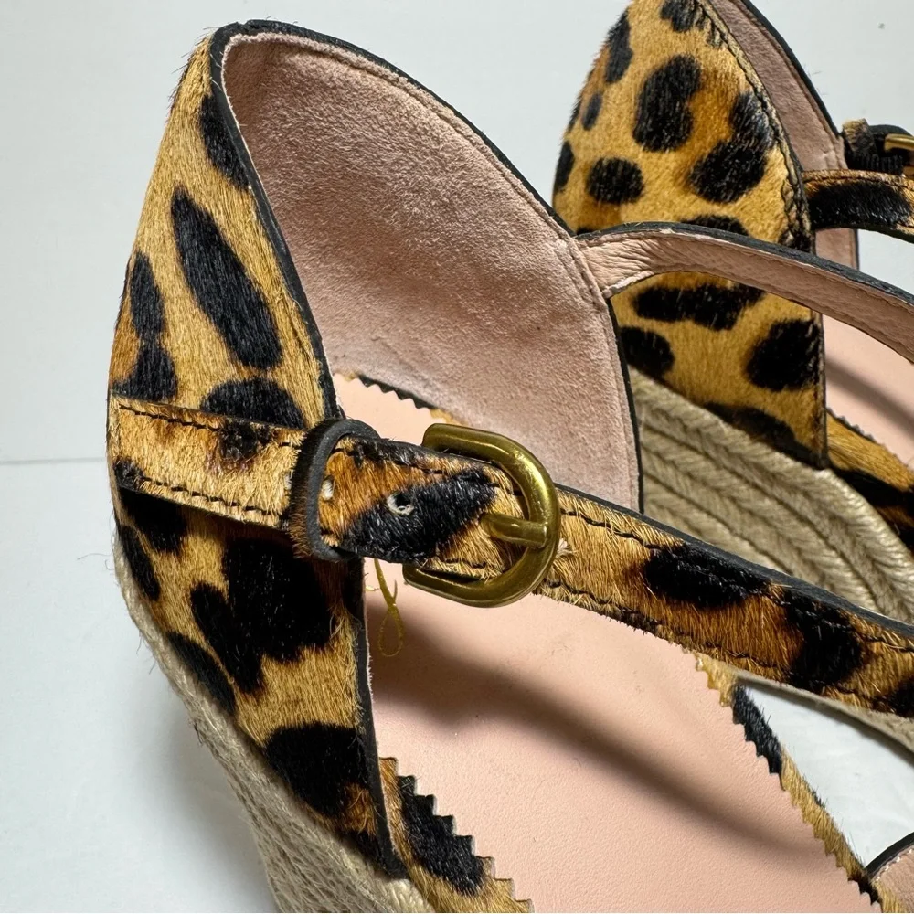 New J. CREW Leopard Print Calf Hair Tan Black Wedge Espadrille Sandals Size 9.5